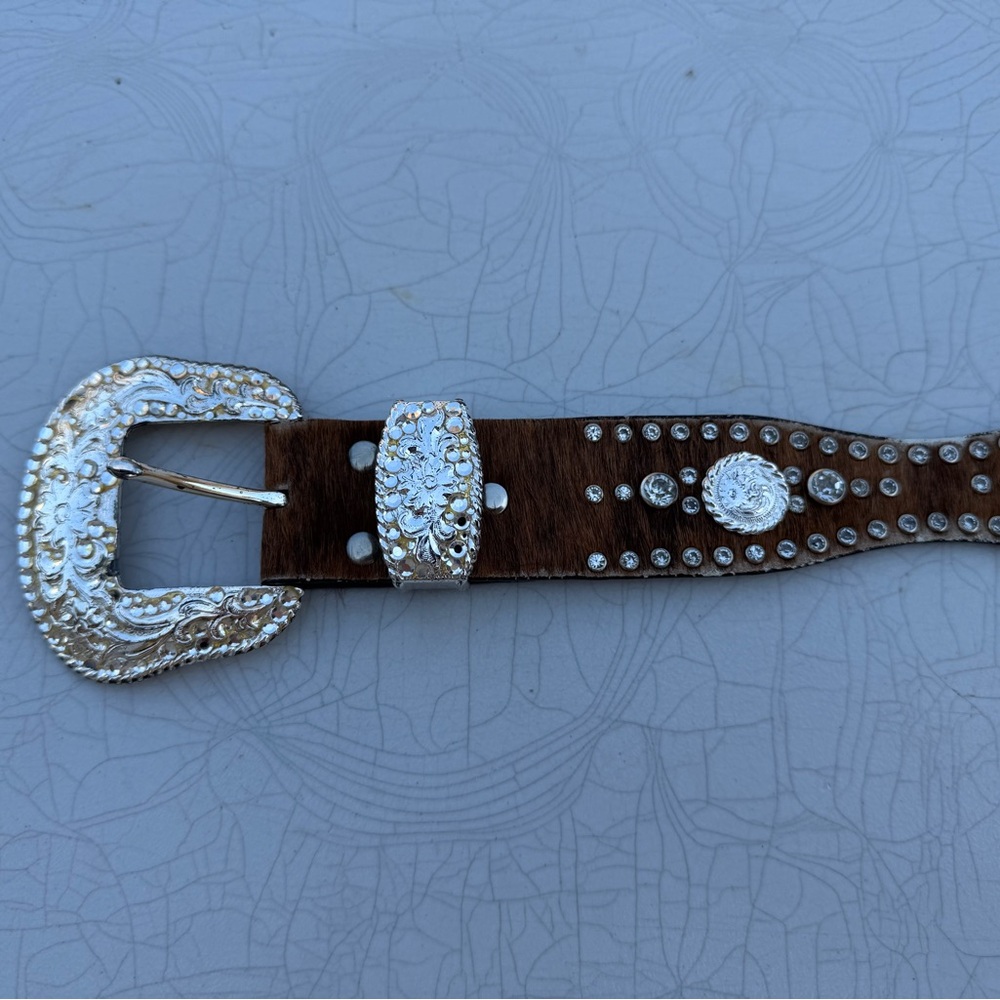 Nocona women’s Brown hair-on Belt with Silver Buckle and Rhinestones